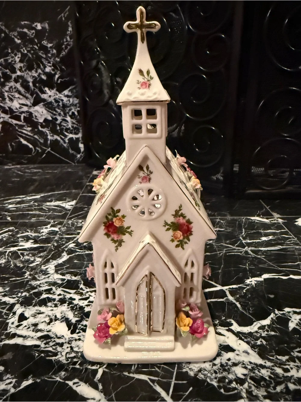 Royal Albert White Porcelain Church Figurine with Pink and Yellow Floral Accents